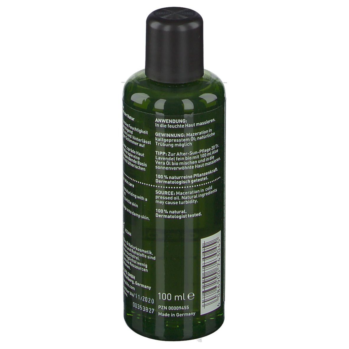 Grüne Flasche mit schwarzem Deckel. Rückseite mit Text. Beschriftung: Anwendung, 100 ml, Made in Germany.
