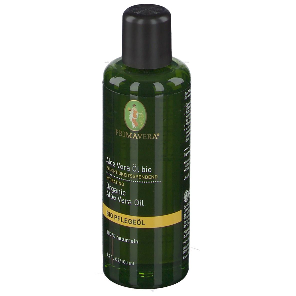 Grüne Flasche mit schwarzem Deckel. Beschriftung: PRIMAVERA, Aloe Vera Öl bio, BIO PFLEGEÖL.