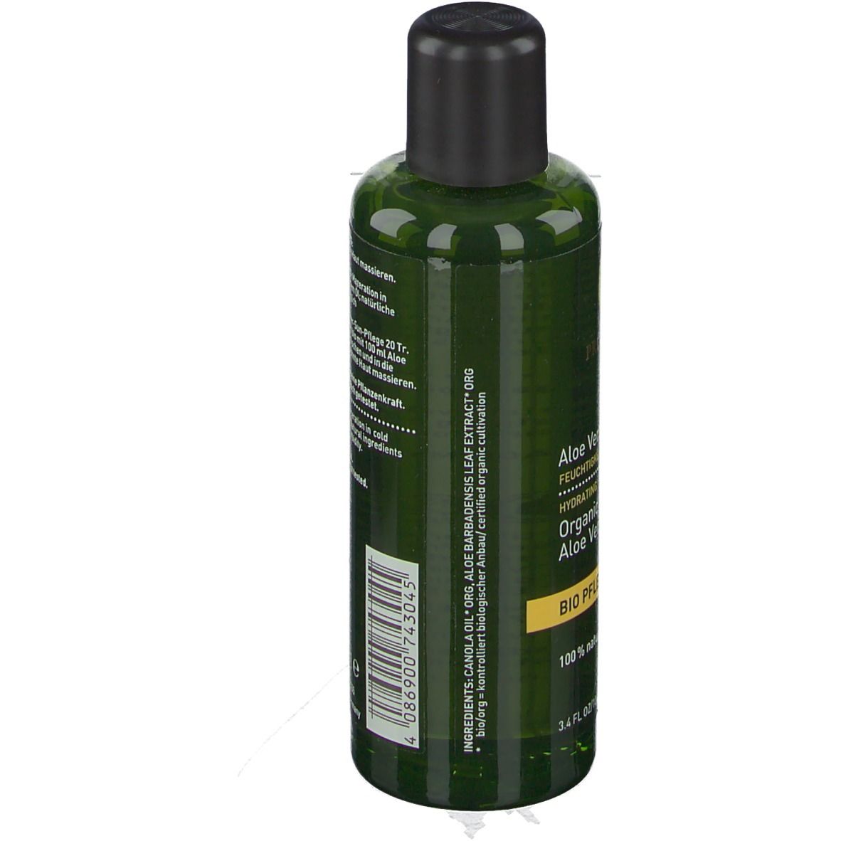 Grüne Flasche mit schwarzem Deckel. Rückseite mit Text. Beschriftung: Aloe Vera, BIO PFLEGEÖL, 100% naturrein.