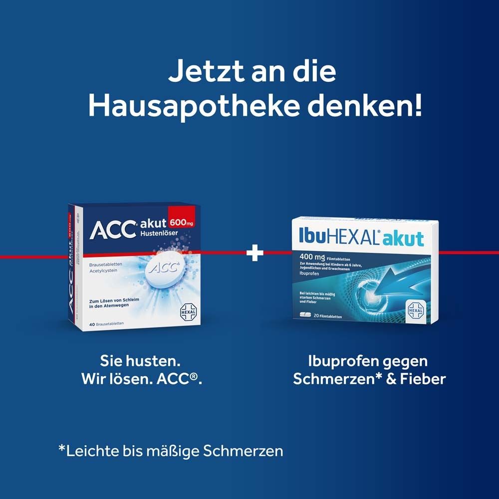 ACC akut und IbuHEXAL akut Packungen. Text: Jetzt an die Hausapotheke denken. Marke ACC.