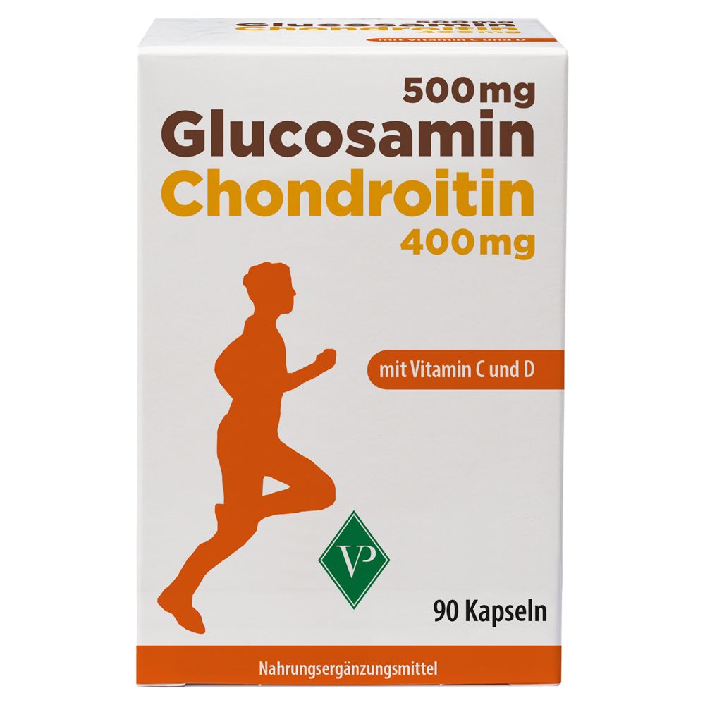 Weißer Karton mit Glucosamin Chondroitin Kapseln. Orangefarbene Läufer-Silhouette. 90 Kapseln. VP-Logo.
