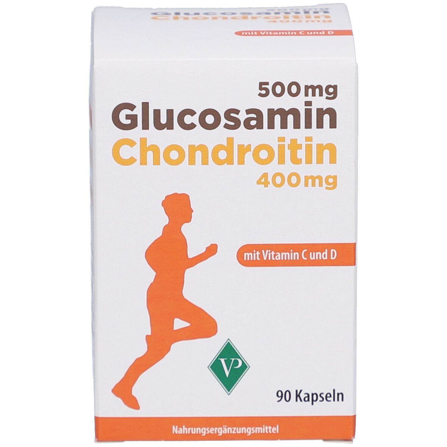Weißer Karton mit Glucosamin Chondroitin 400mg. Orangefarbene Läufer-Silhouette. 90 Kapseln.