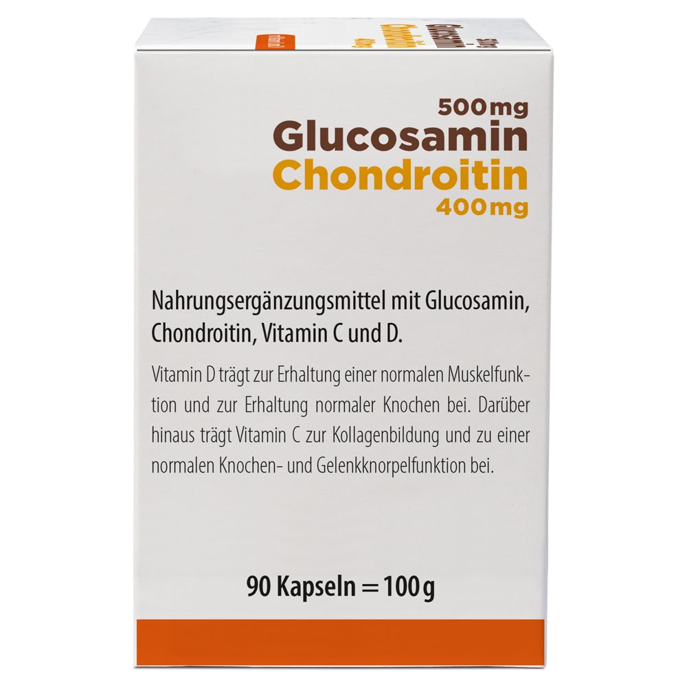 Weißer Karton mit Glucosamin Chondroitin Kapseln. Text: Nahrungsergänzungsmittel. 90 Kapseln. Inhaltsangaben.