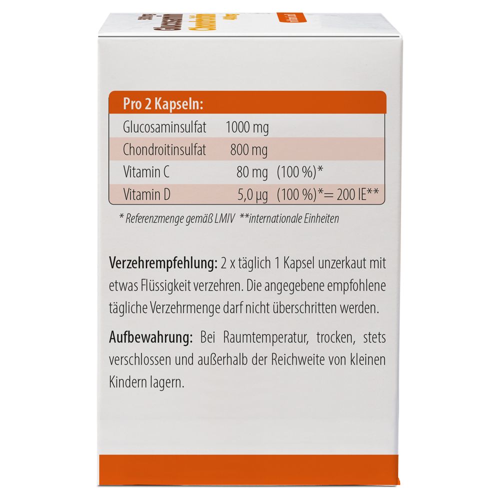 Rückseite des weißen Kartons mit Inhaltsangaben und Verzehrempfehlung für Glucosamin Chondroitin Kapseln.