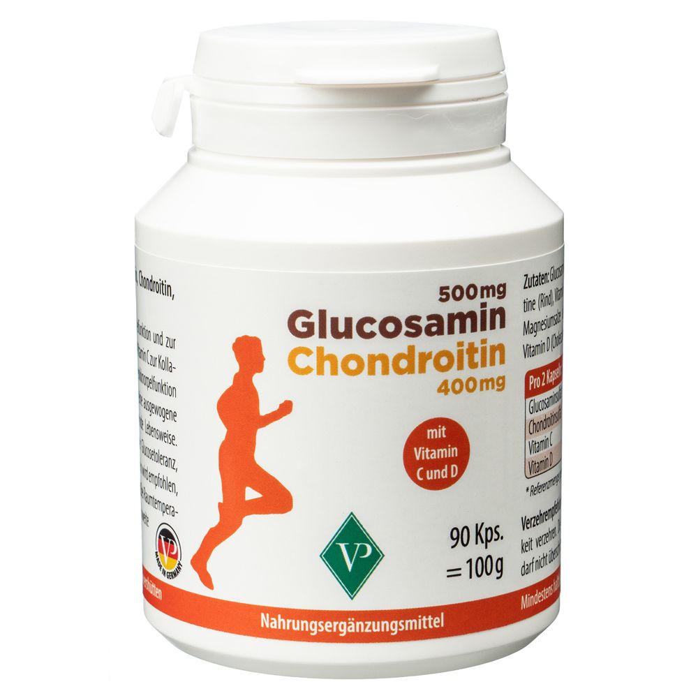 Weiße Flasche mit Glucosamin Chondroitin Kapseln. Orangefarbene Läufer-Silhouette. 90 Kapseln. VP-Logo.