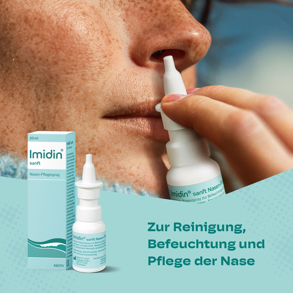 Person benutzt Nasenspray. Imidin sanft Nasen-Pflegespray, Flasche und Schachtel. Text: Zur Reinigung, Befeuchtung und Pflege der Nase.