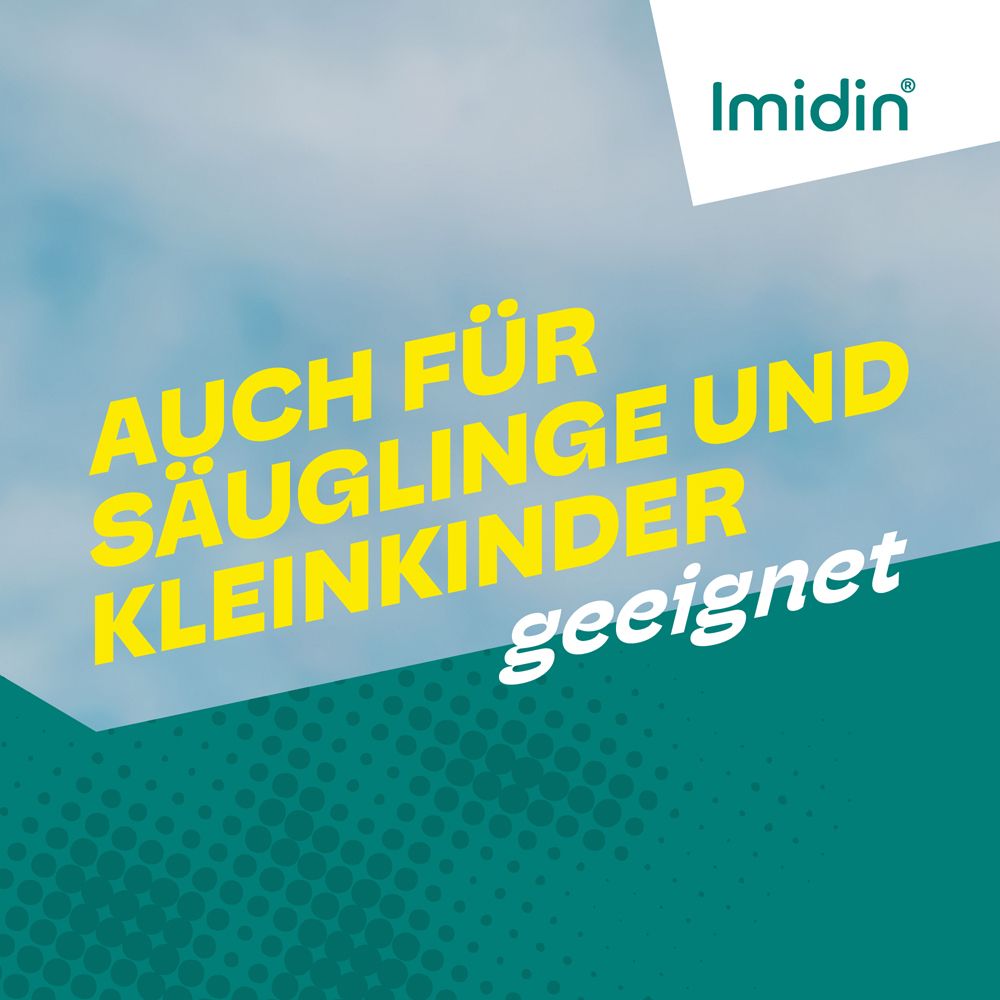 Text: Auch für Säuglinge und Kleinkinder geeignet. Grüner Hintergrund mit weißen Punkten. Imidin Logo.