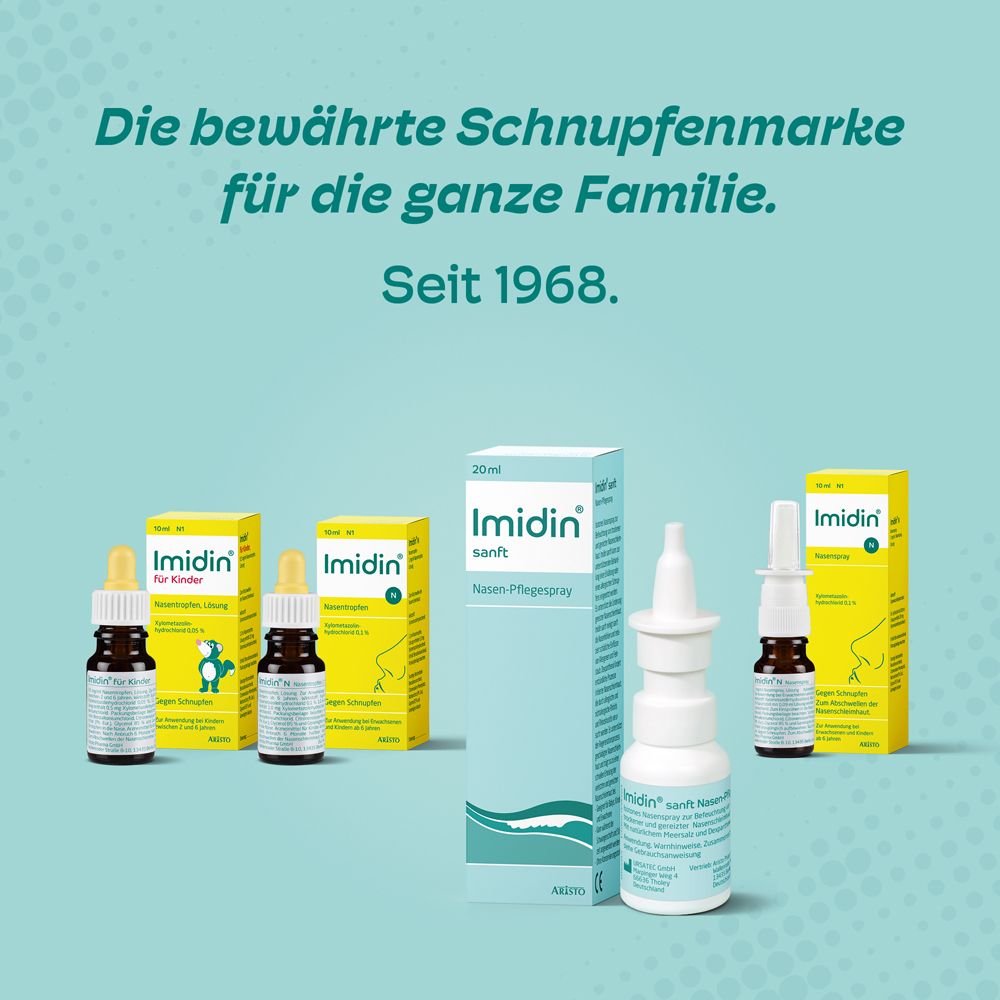 Verschiedene Imidin-Produkte. Text: Die bewährte Schnupfenmarke für die ganze Familie. Seit 1968.