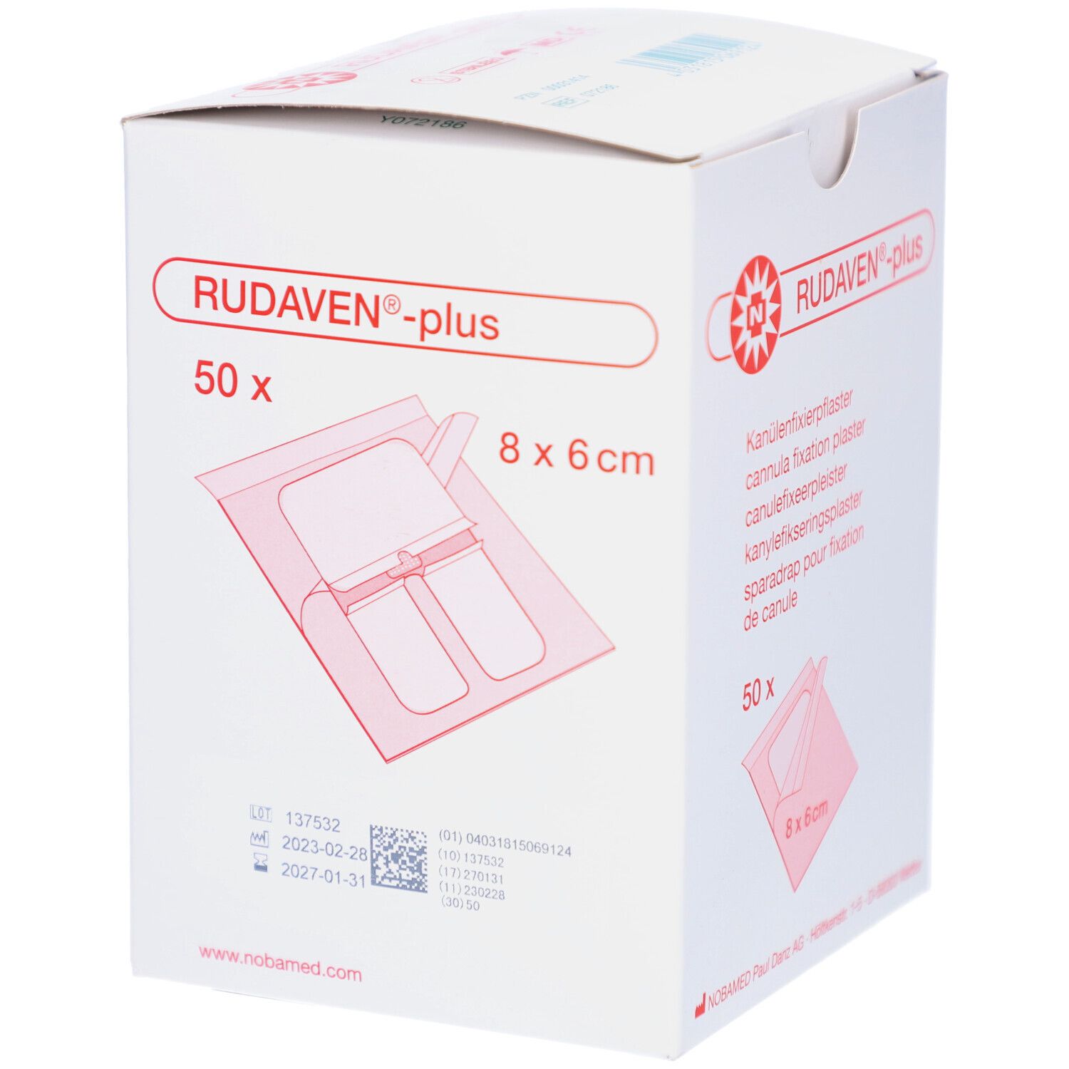 Karton RUDAVEN®-plus mit 50 Pflastern, 8x6cm. Aufdrucke mit Haltbarkeitsdaten und Chargennummer.