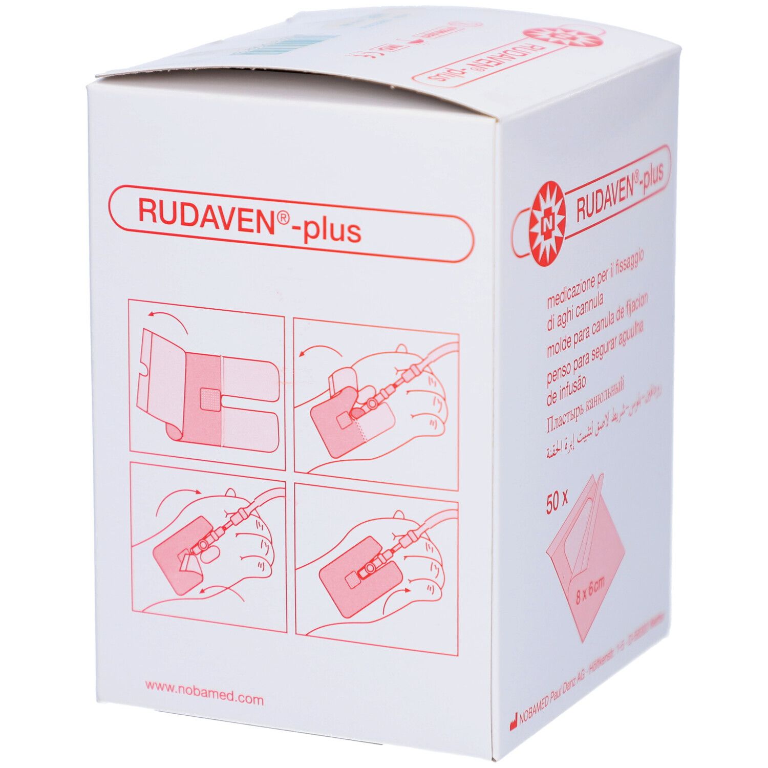 Karton RUDAVEN®-plus mit 50 Pflastern, 8x6cm. Illustrationen zur Anwendung.