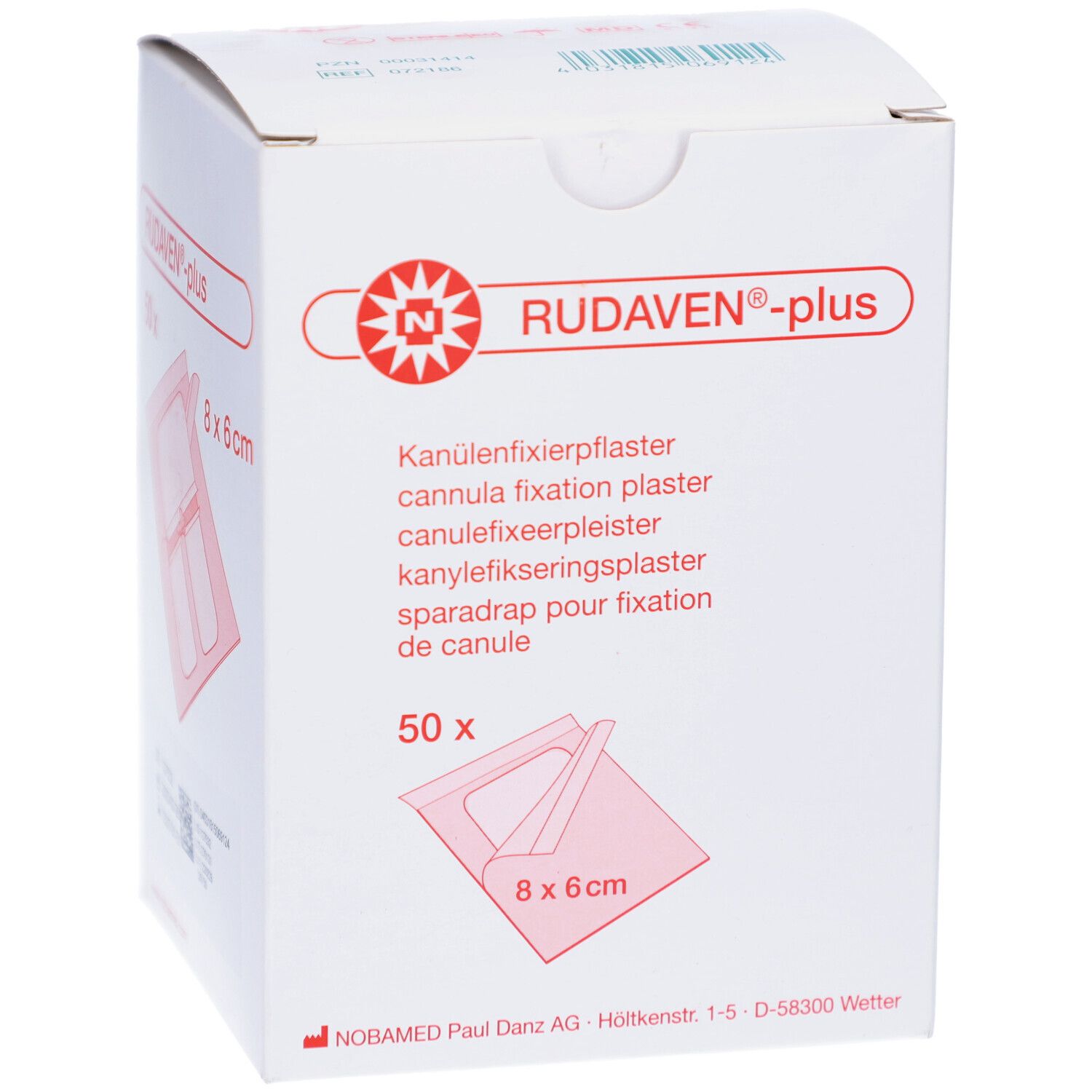Karton RUDAVEN®-plus mit 50 Pflastern, 8x6cm. Produktname und Beschreibung.