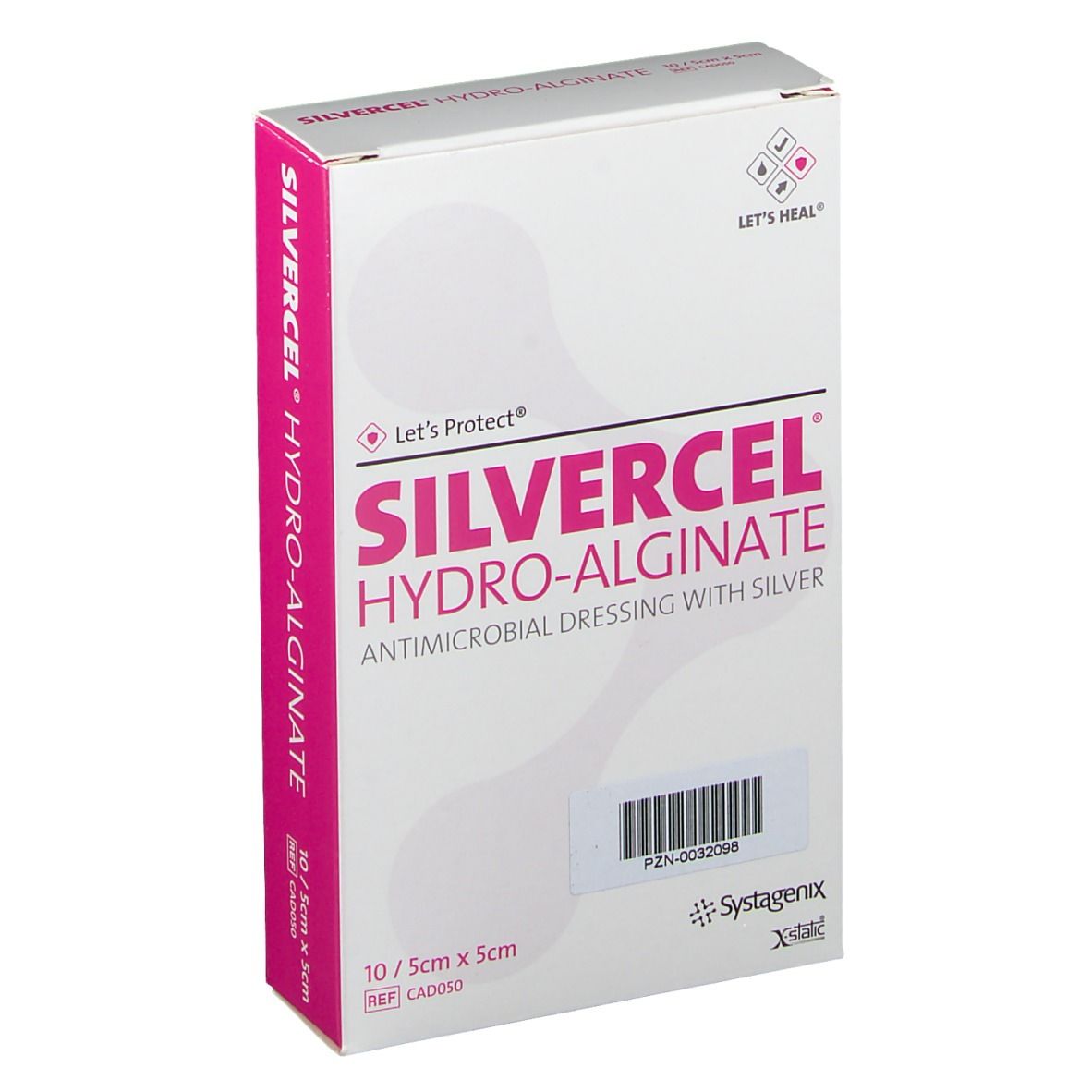 Verpackung SILVERCEL Hydro-Alginat, antimikrobielle Wundauflage mit Silber. 10 Stück, 5x5 cm. Rosa und weiß.