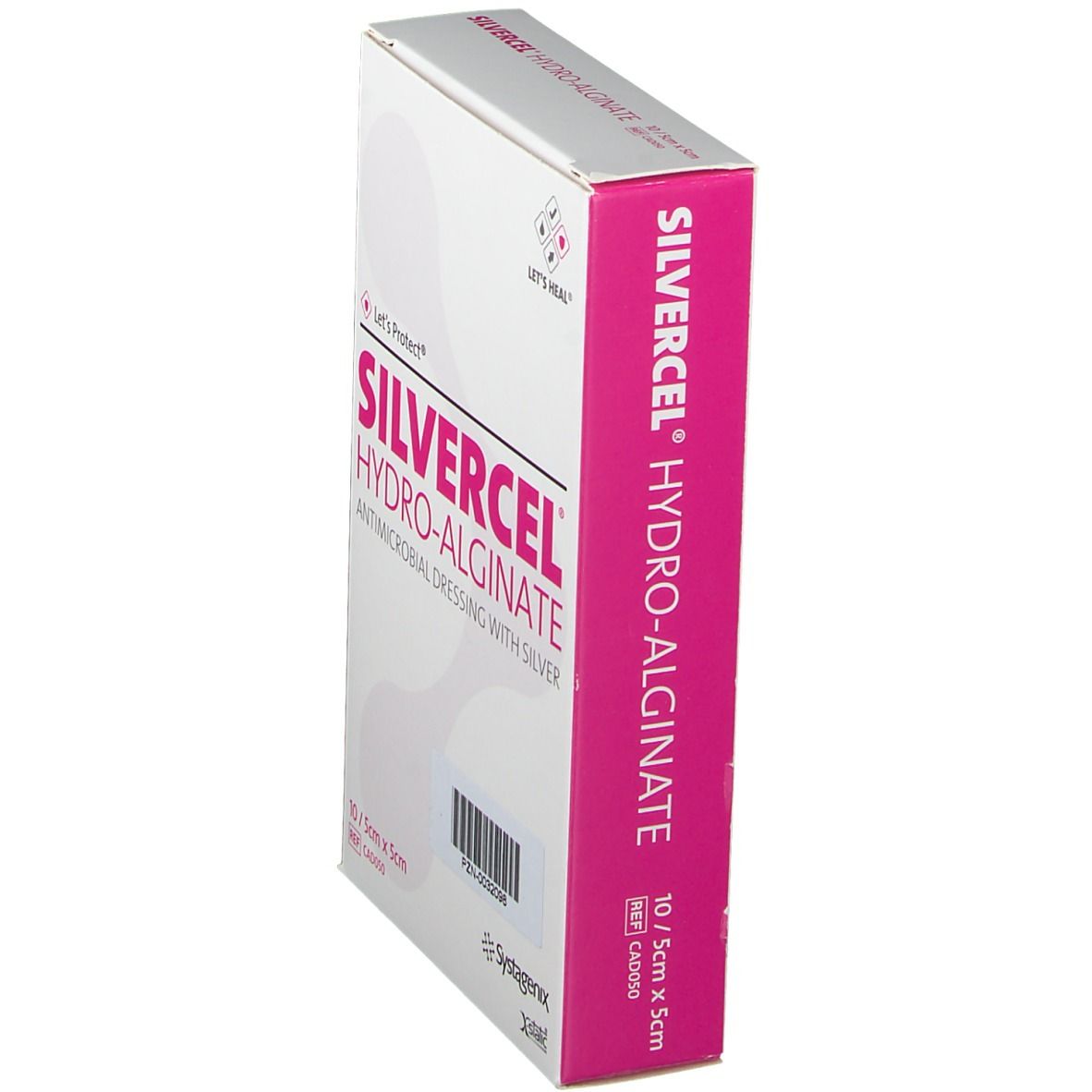 Verpackung SILVERCEL Hydro-Alginat, antimikrobielle Wundauflage. Rosa und weiß. 10 Stück, 5x5 cm.