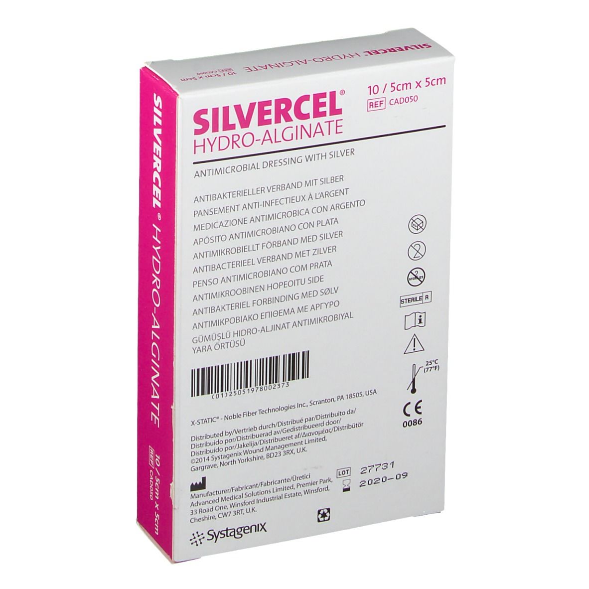 Verpackung SILVERCEL Hydro-Alginat, antimikrobielle Wundauflage mit Silber. Mehrsprachige Texte. 10 Stück, 5x5 cm.
