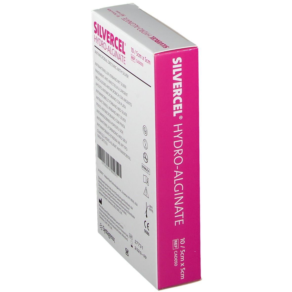 Verpackung SILVERCEL Hydro-Alginat, antimikrobielle Wundauflage. Rosa und weiß. 10 Stück, 5x5 cm.