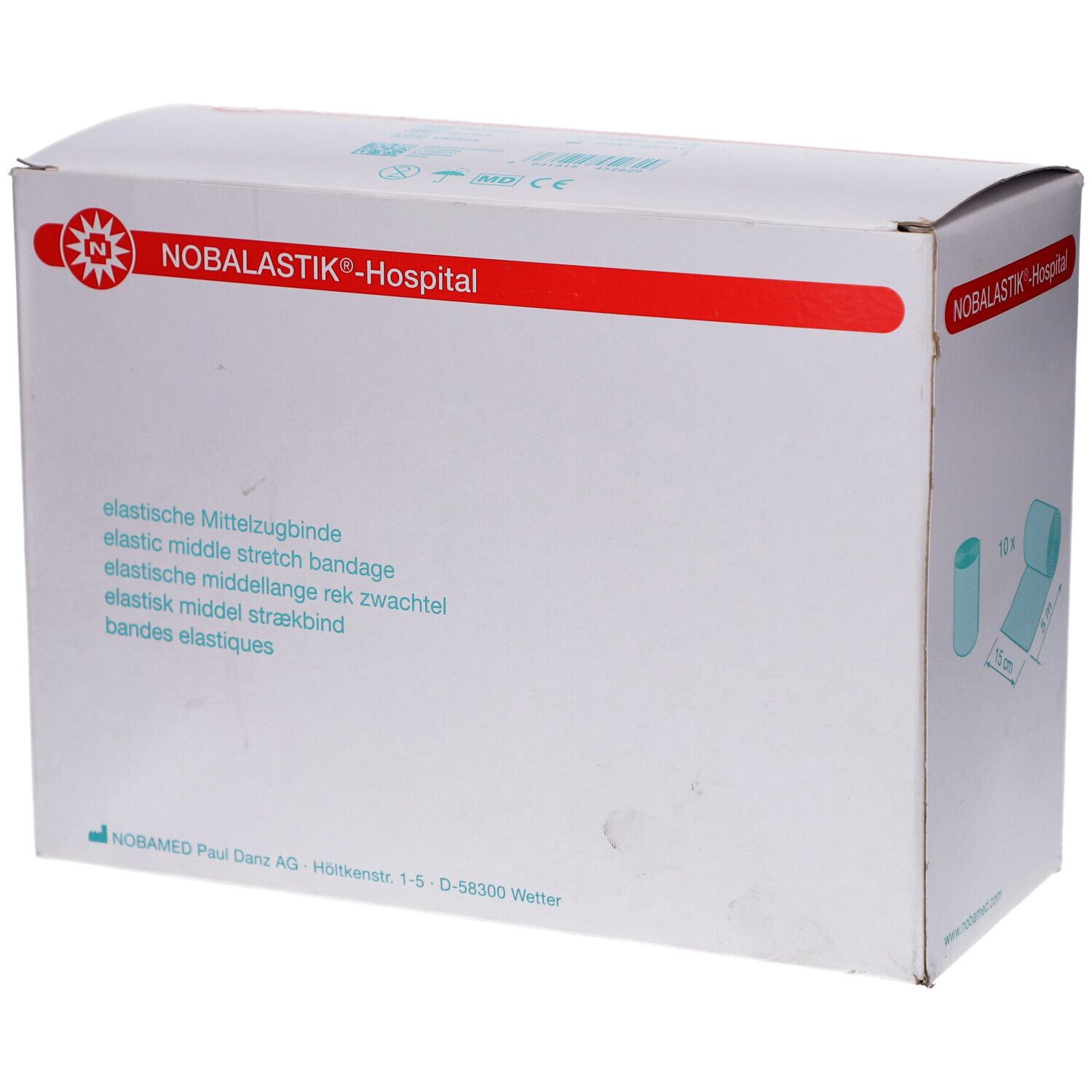 Weiße Verpackung mit roter Aufschrift NOBALASTIK®-Hospital. Text in mehreren Sprachen. Logo. Produktname und Hersteller.