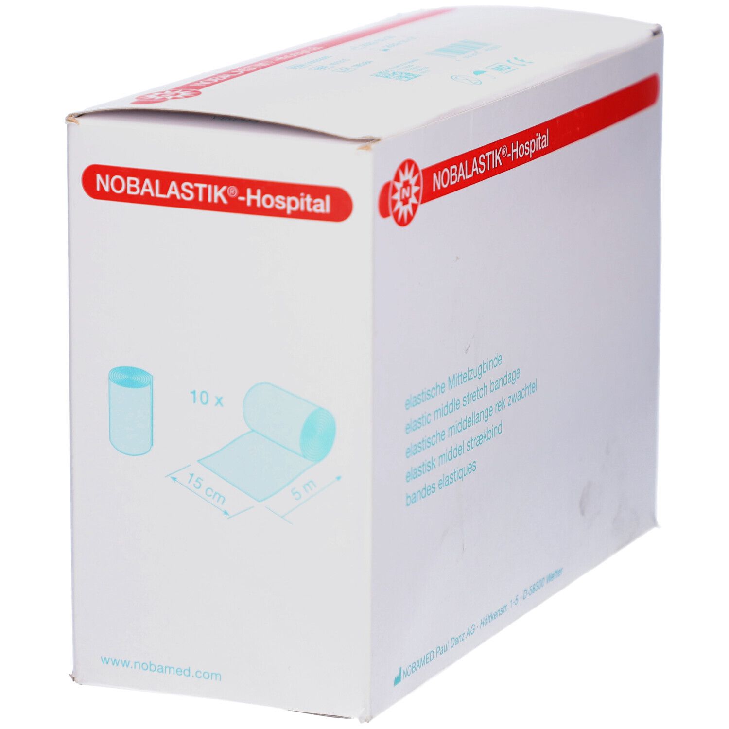 Weiße Verpackung mit roter Aufschrift NOBALASTIK®-Hospital. Bandagen-Illustration. Größenangaben. Logo und Hersteller.