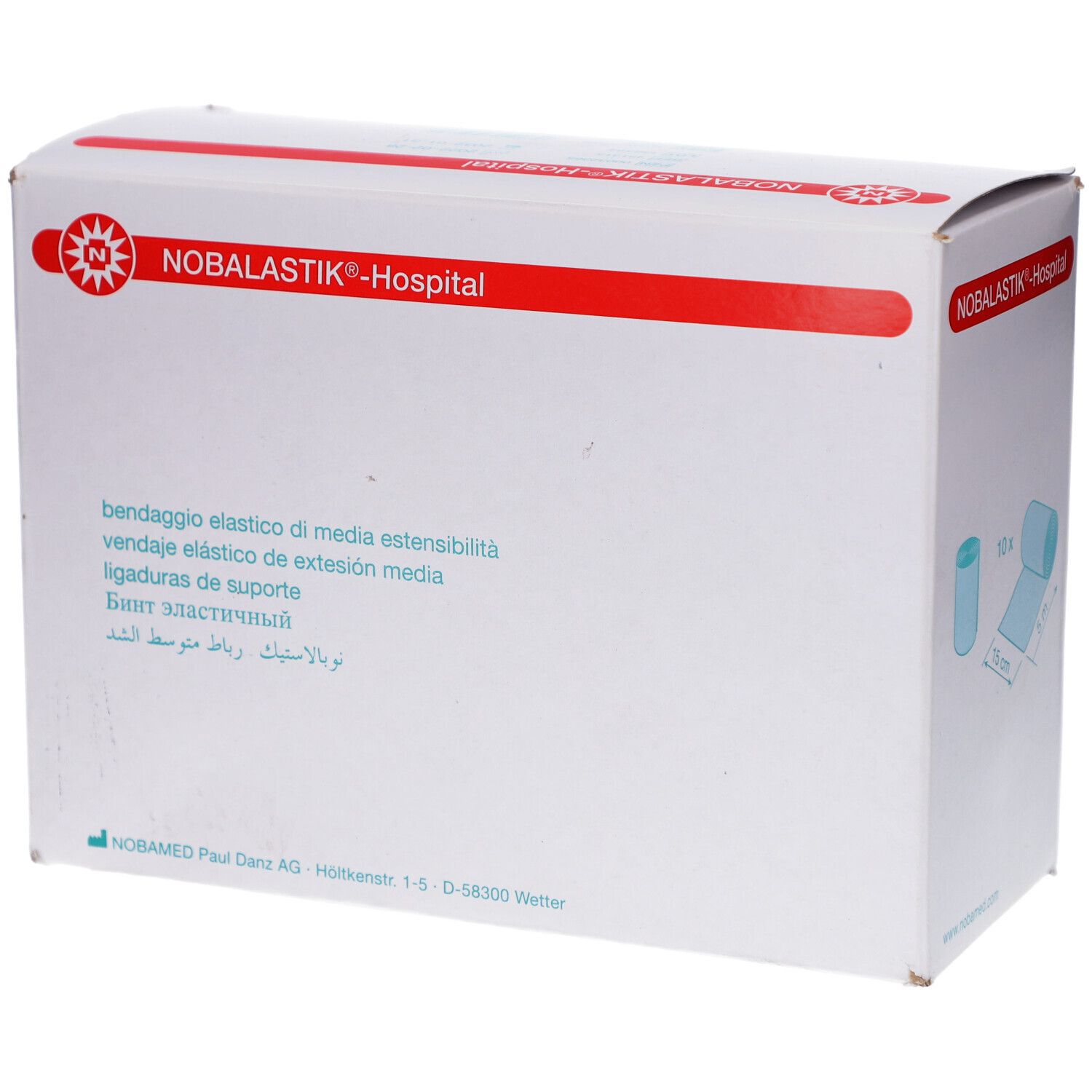 Weiße Verpackung mit roter Aufschrift NOBALASTIK-Hospital. Text: elastische Mittelzugbinde. Logo: roter Kreis mit N.
