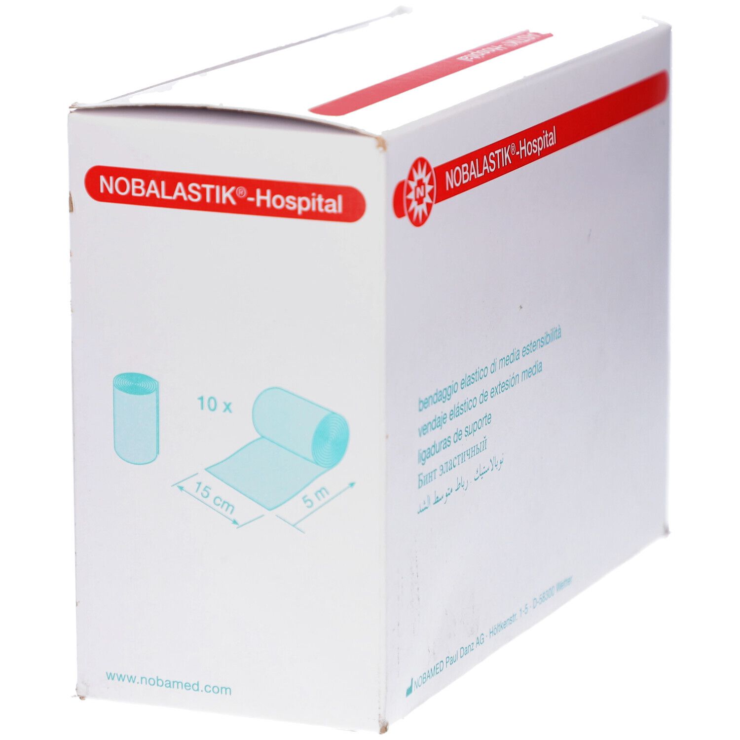 Weiße Verpackung mit roter Aufschrift NOBALASTIK®-Hospital. Bandagen-Illustration. Größenangaben. Logo und Hersteller.