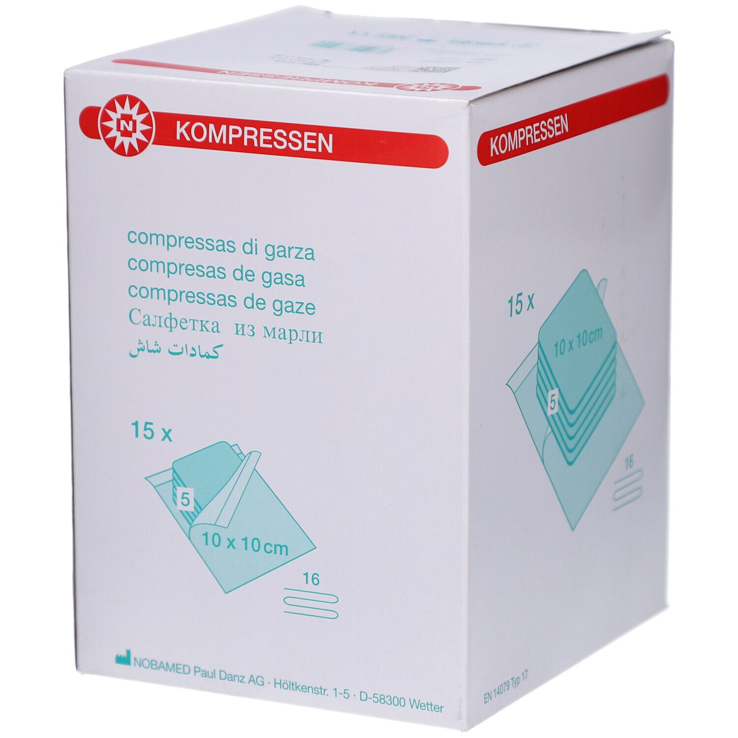 Verpackung für Mullkompressen, 15x 10x10cm.