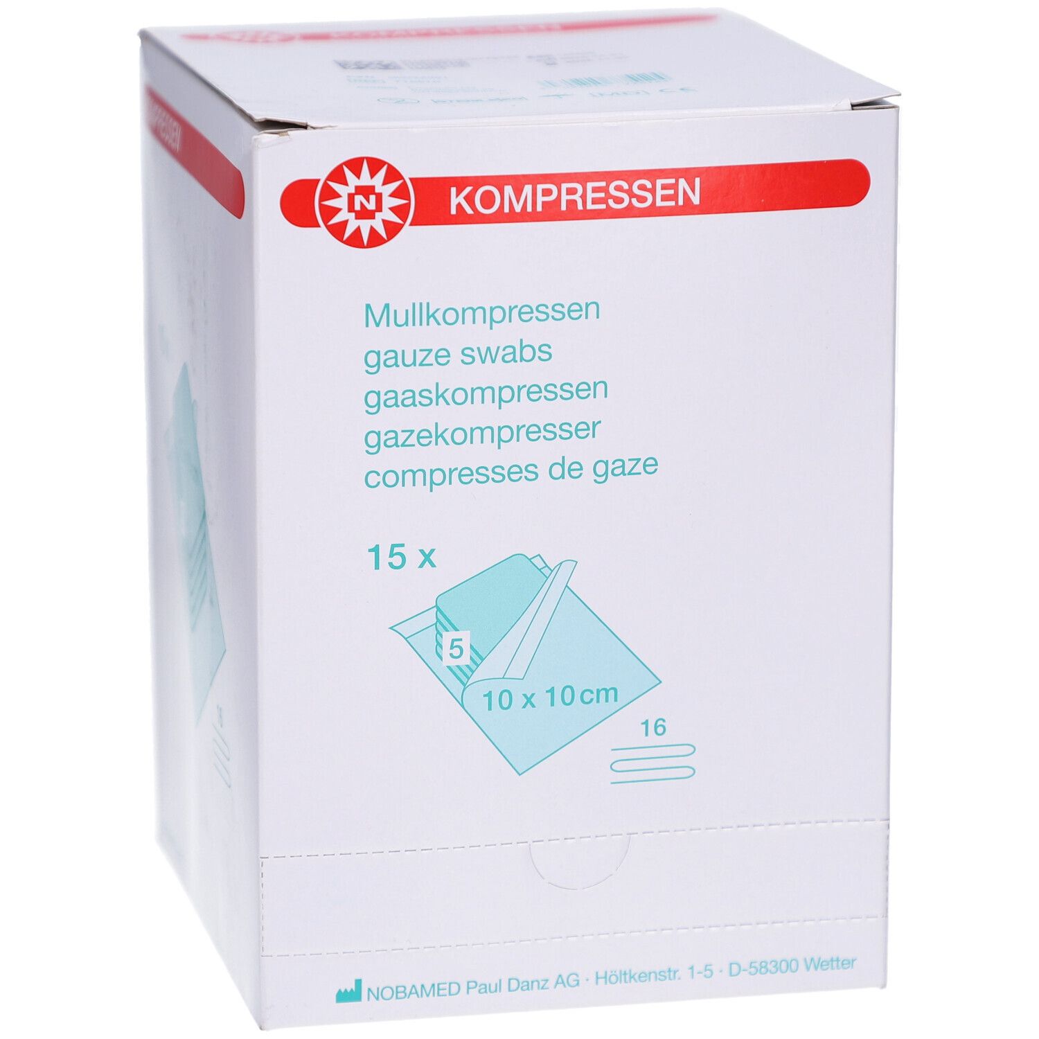 Verpackung für Mullkompressen, 15x 10x10cm.
