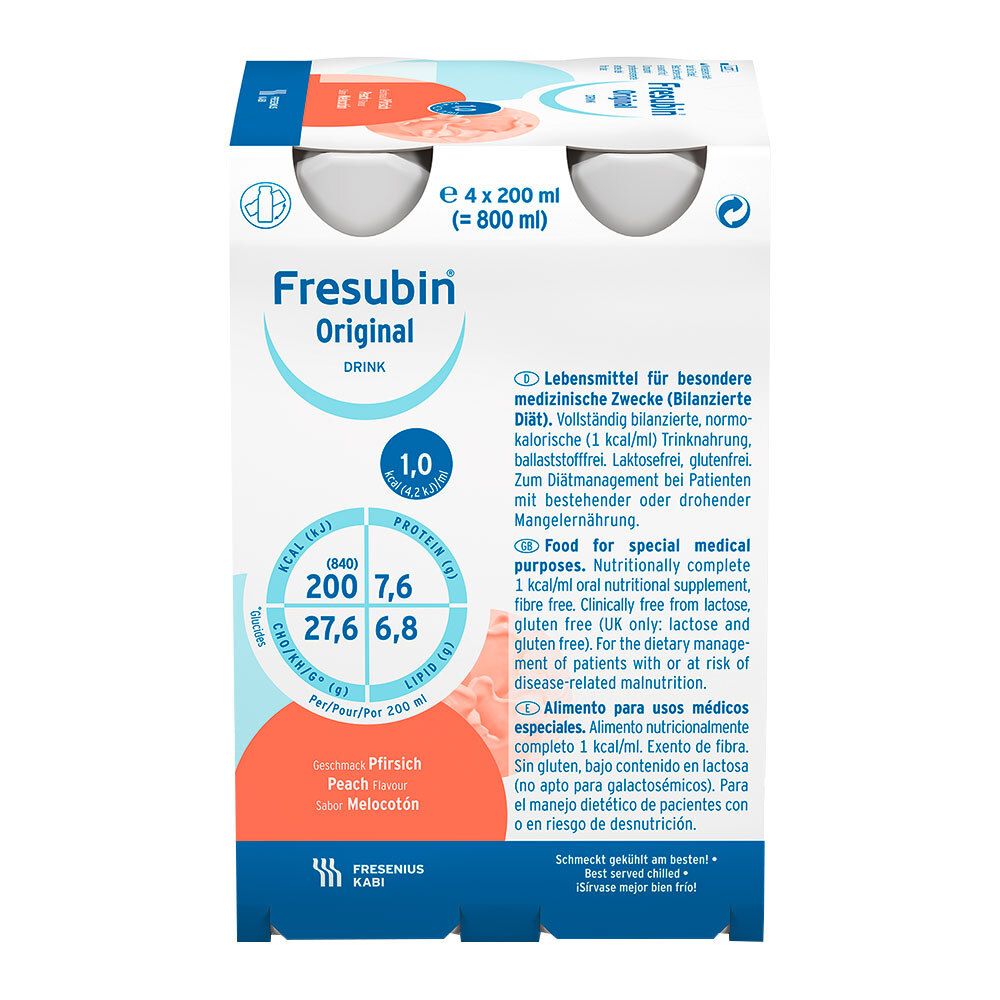 Verpackung mit 4 Flaschen Fresubin Original Drink Pfirsich. Aufdrucke: Fresubin, Original, Drink, 1,0, Nährwertangaben, Text in mehreren Sprachen.