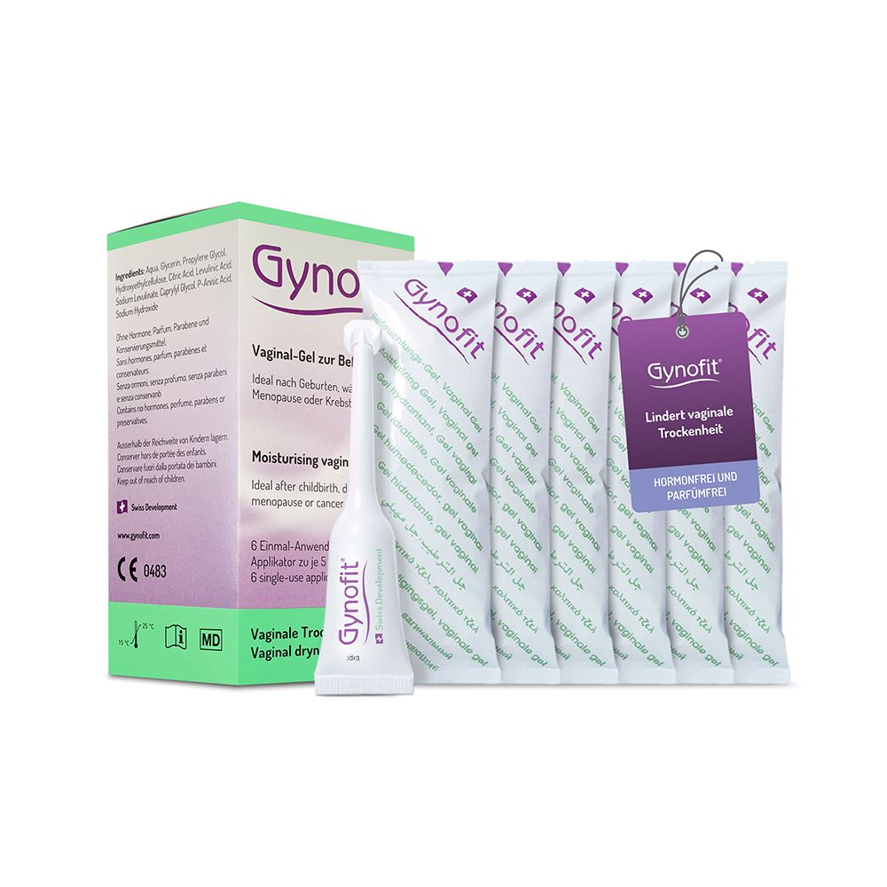 Gynofit Vaginal-Gel: Verpackung und sechs einzeln verpackte Applikatoren zur Linderung vaginaler Trockenheit.