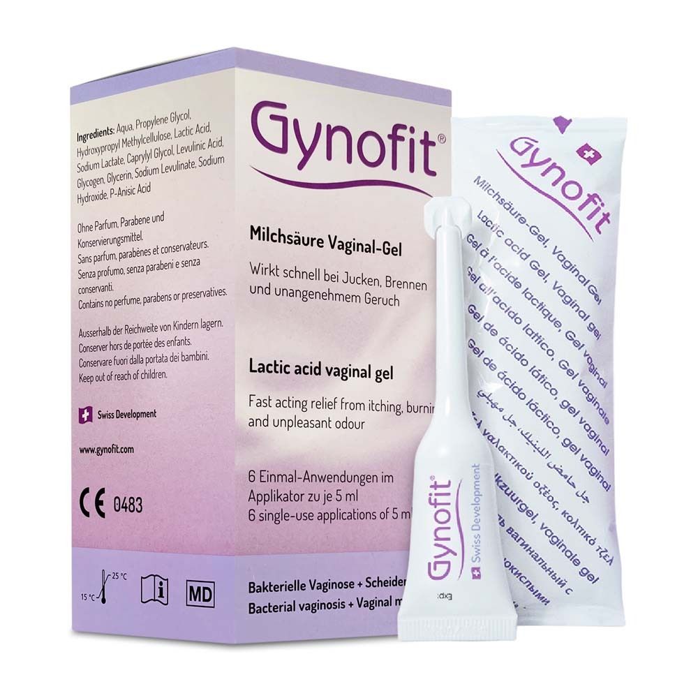 Gynofit-Verpackung, Gel und Applikator. Laktisches Vaginalgel. 6 Anwendungen. Swiss Development.