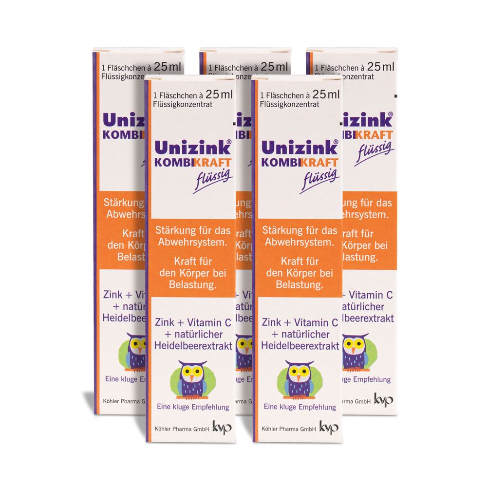 Fünf Schachteln Unizink® KOMBIKRAFT flüssig. Jede Schachtel enthält 1 Fläschchen à 25 ml Flüssigkonzentrat.