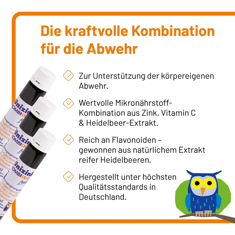 Infografik: Vorteile von Unizink® KOMBIKRAFT flüssig. Enthält Zink, Vitamin C und Heidelbeerextrakt.
