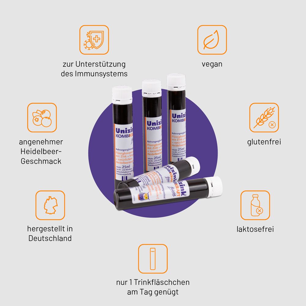 Unizink® KOMBIKRAFT flüssig. 3 Fläschchen, vegan, glutenfrei, laktosefrei. Hergestellt in Deutschland.