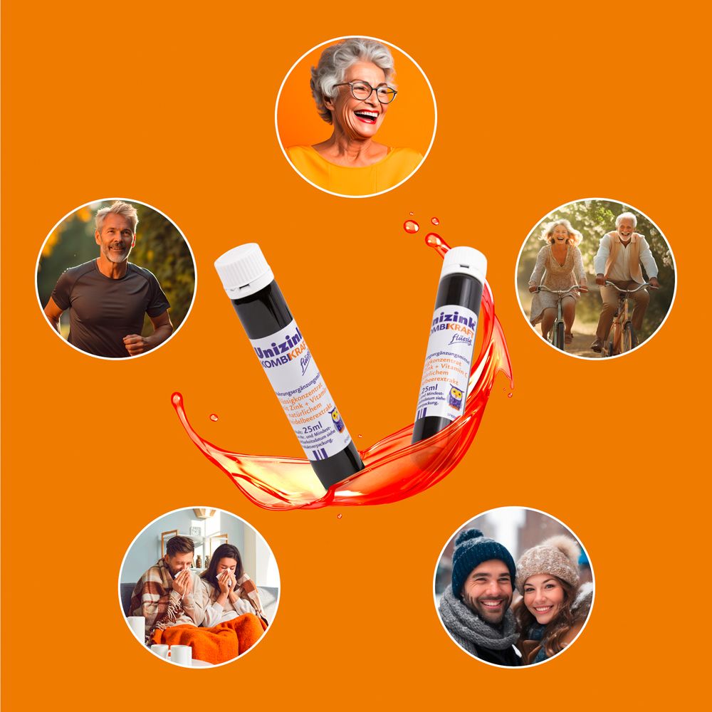 Menschen in verschiedenen Situationen. 2 Fläschchen Unizink® KOMBIKRAFT flüssig. Orangefarbener Hintergrund.