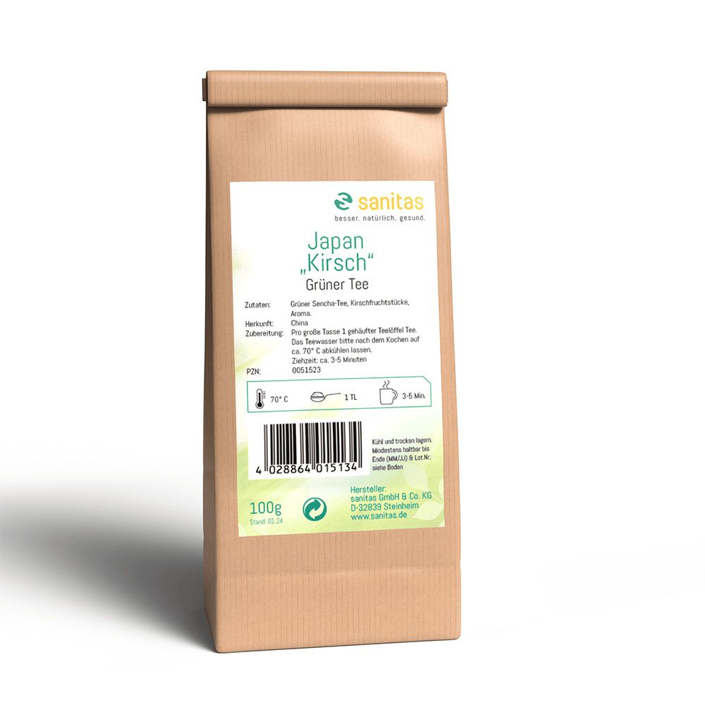 Beutel mit Sanitas Japan Kirsch Grüner Tee. Aufkleber mit Produktinformationen und Logo. 100g Packung.
