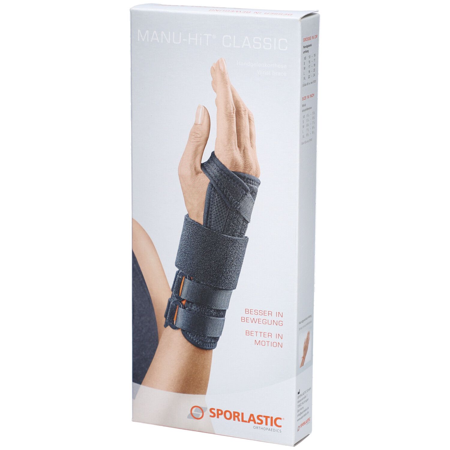 MANU-HiT® Handgelenkorthese in Verpackung. Handgelenkorthese am Handgelenk einer Person. Aufschrift: Besser in Bewegung. Marke: SPORLASTIC.