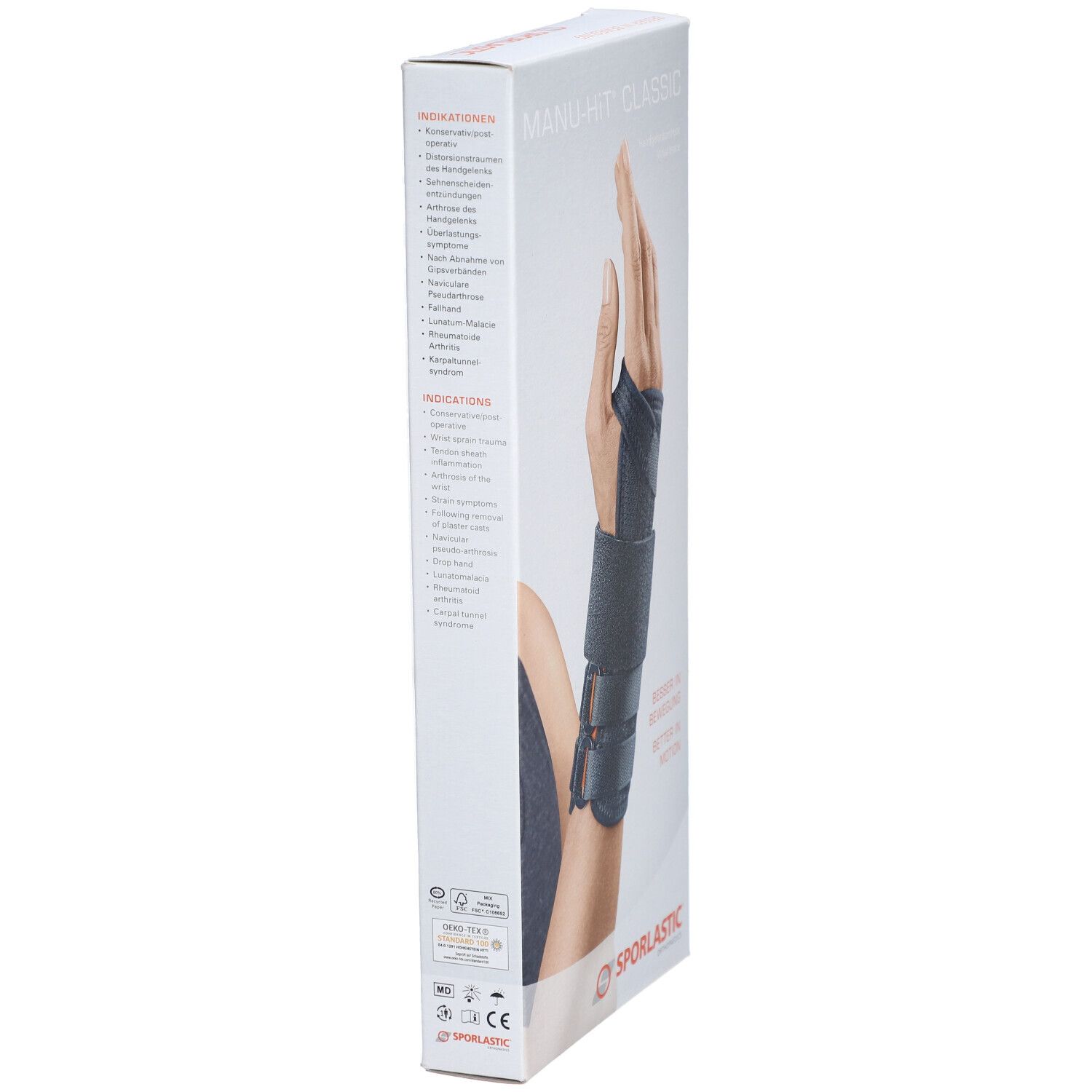 Verpackung der MANU-HiT® Handgelenkorthese. Seitenansicht mit Produktinformationen und Marke SPORLASTIC. Text: Produktübersicht, Indikationen.