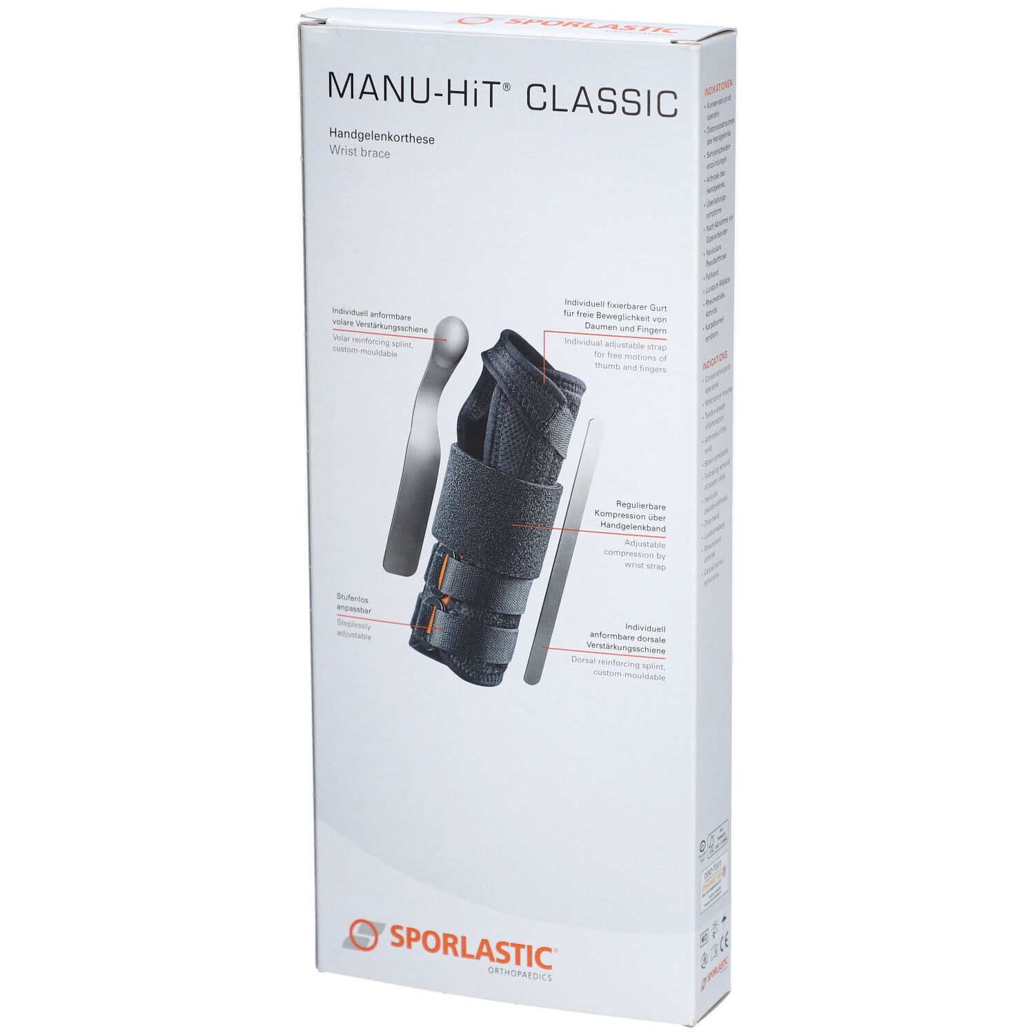 Verpackung der MANU-HiT® Handgelenkorthese. Produkt und Komponenten abgebildet. Text: Handgelenkorthese, Wrist Brace. Marke: SPORLASTIC.