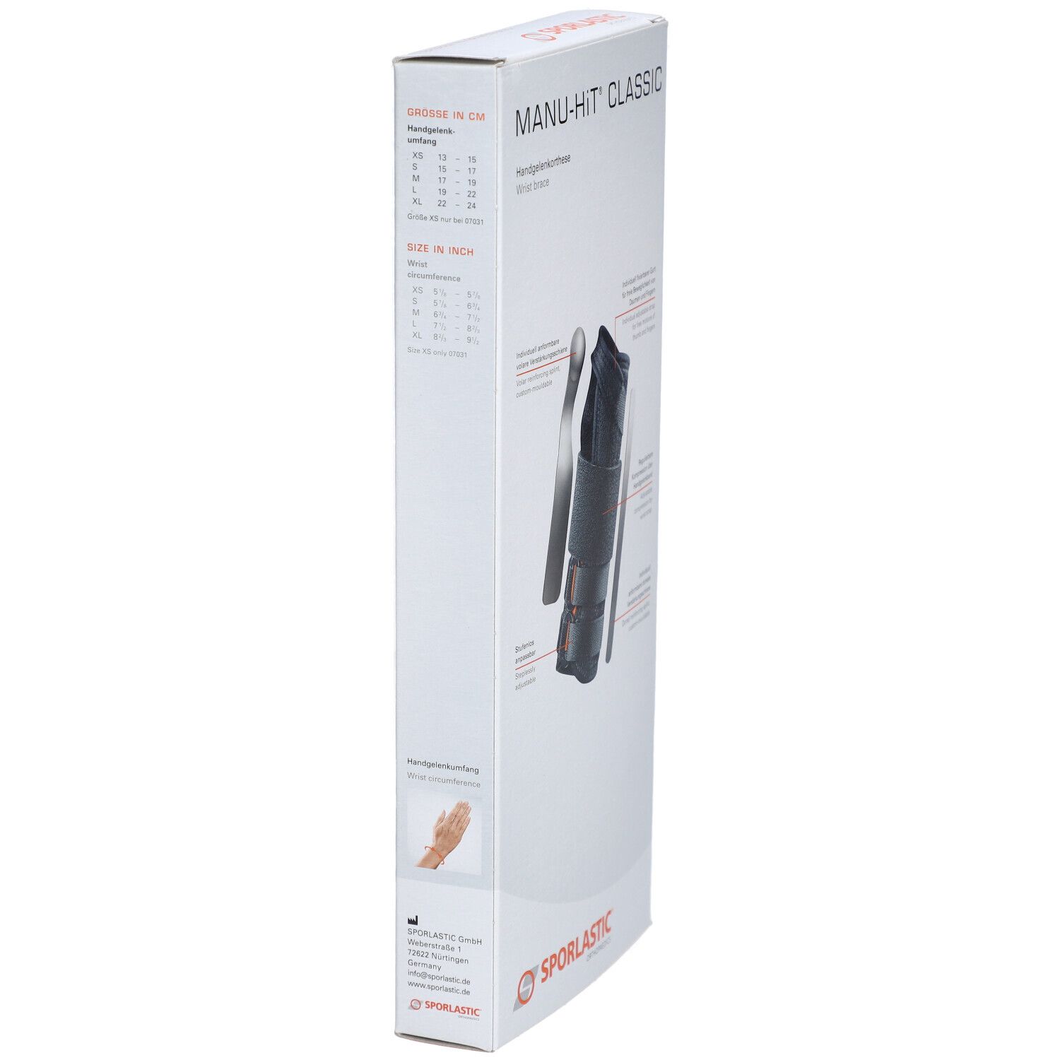 Verpackung der MANU-HiT® Handgelenkorthese. Seitenansicht mit Größenangaben. Marke: SPORLASTIC. Text: MANU-HiT CLASSIC.