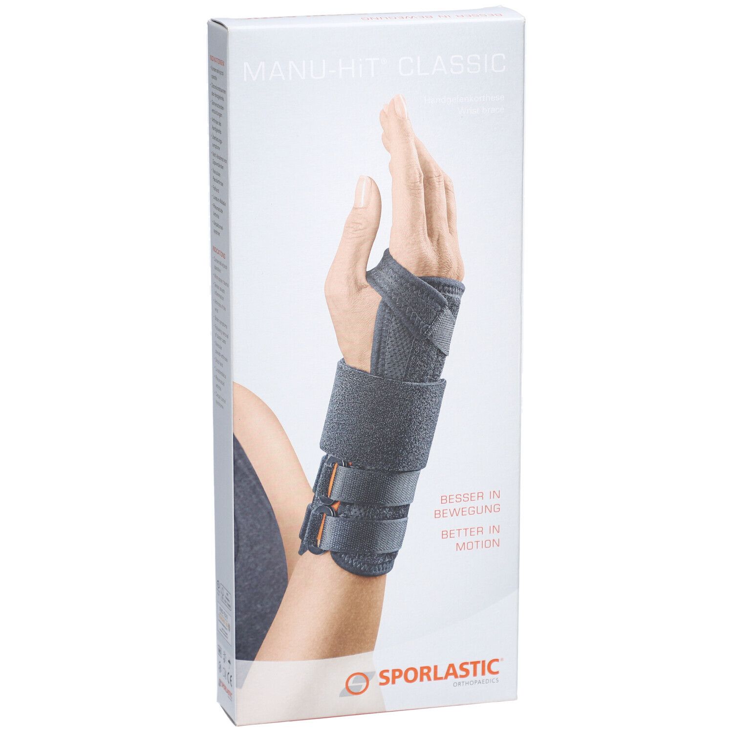 MANU-HiT® Handgelenkorthese in Verpackung. Handgelenkorthese am Handgelenk einer Person. Aufschrift: Besser in Bewegung. Marke: SPORLASTIC.