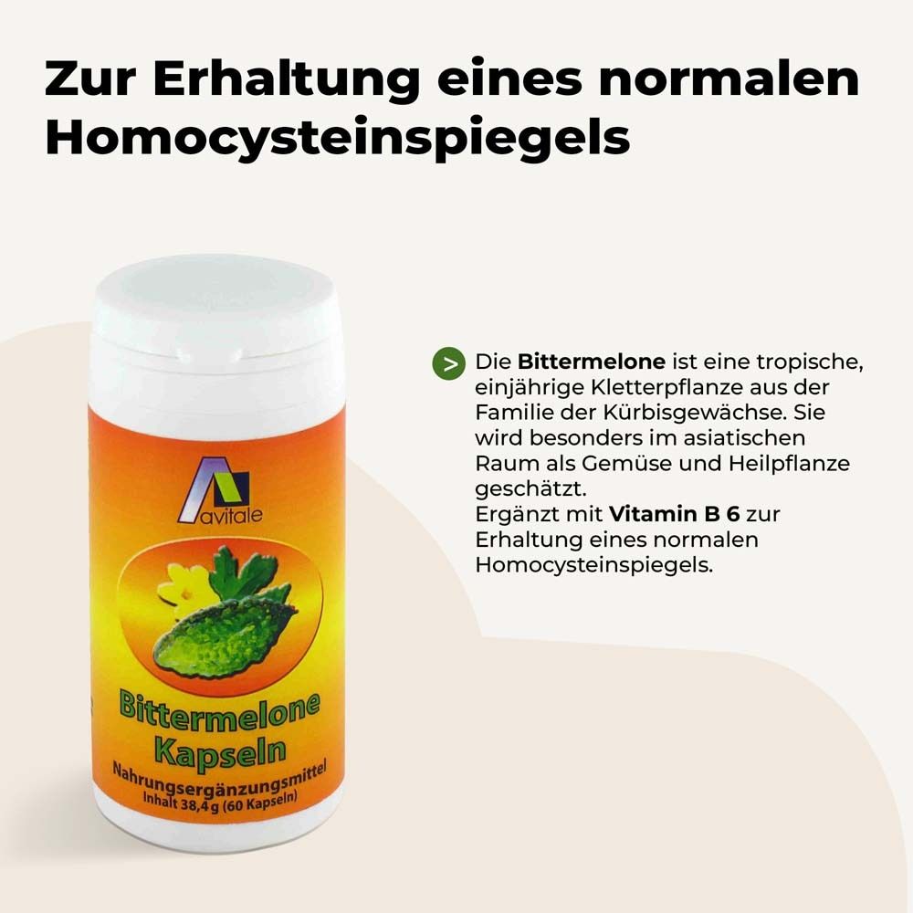 Weiße Dose mit gelb-orangem Etikett. Text: Bittermelone Kapseln. Text: Zur Erhaltung eines normalen Homocysteinspiegels.