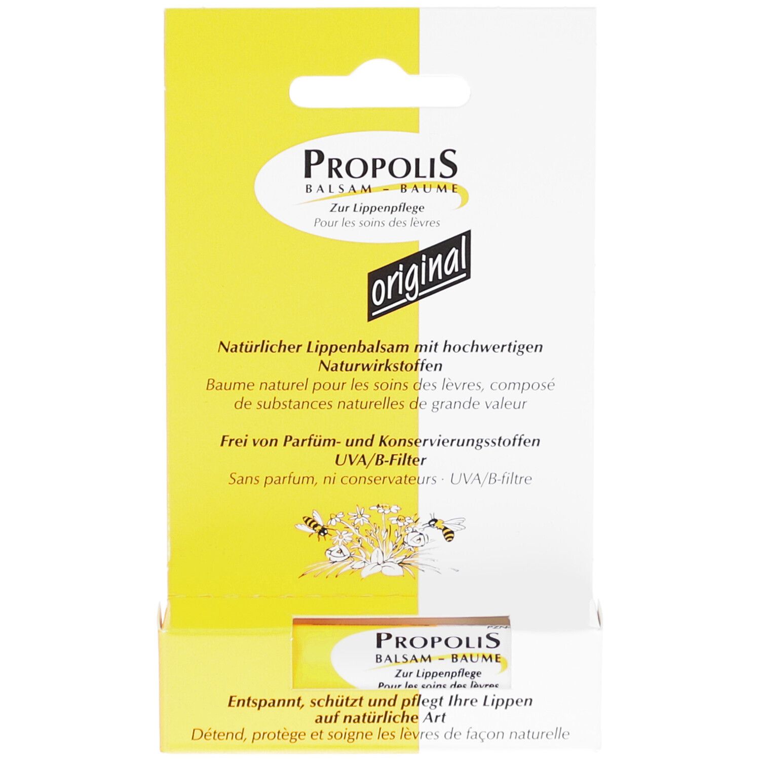 Propolis Balsam Verpackung. Gelb-weiße Schachtel mit Produktinformationen und dem Wort "original".