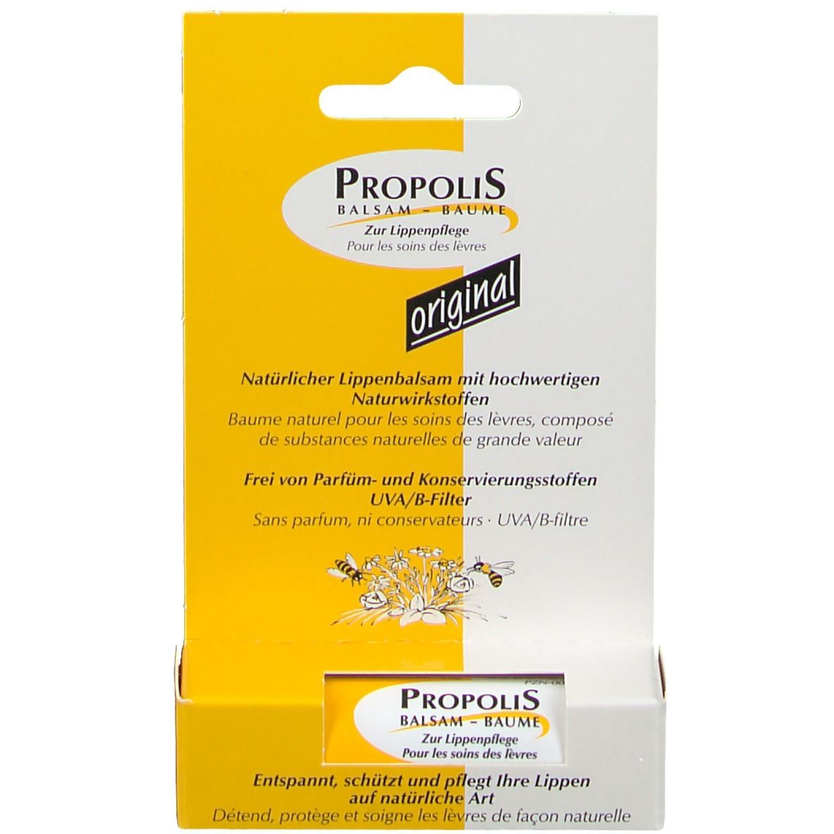 Propolis Balsam Verpackung. Gelb-weiße Schachtel mit Produktinformationen und dem Wort "original".