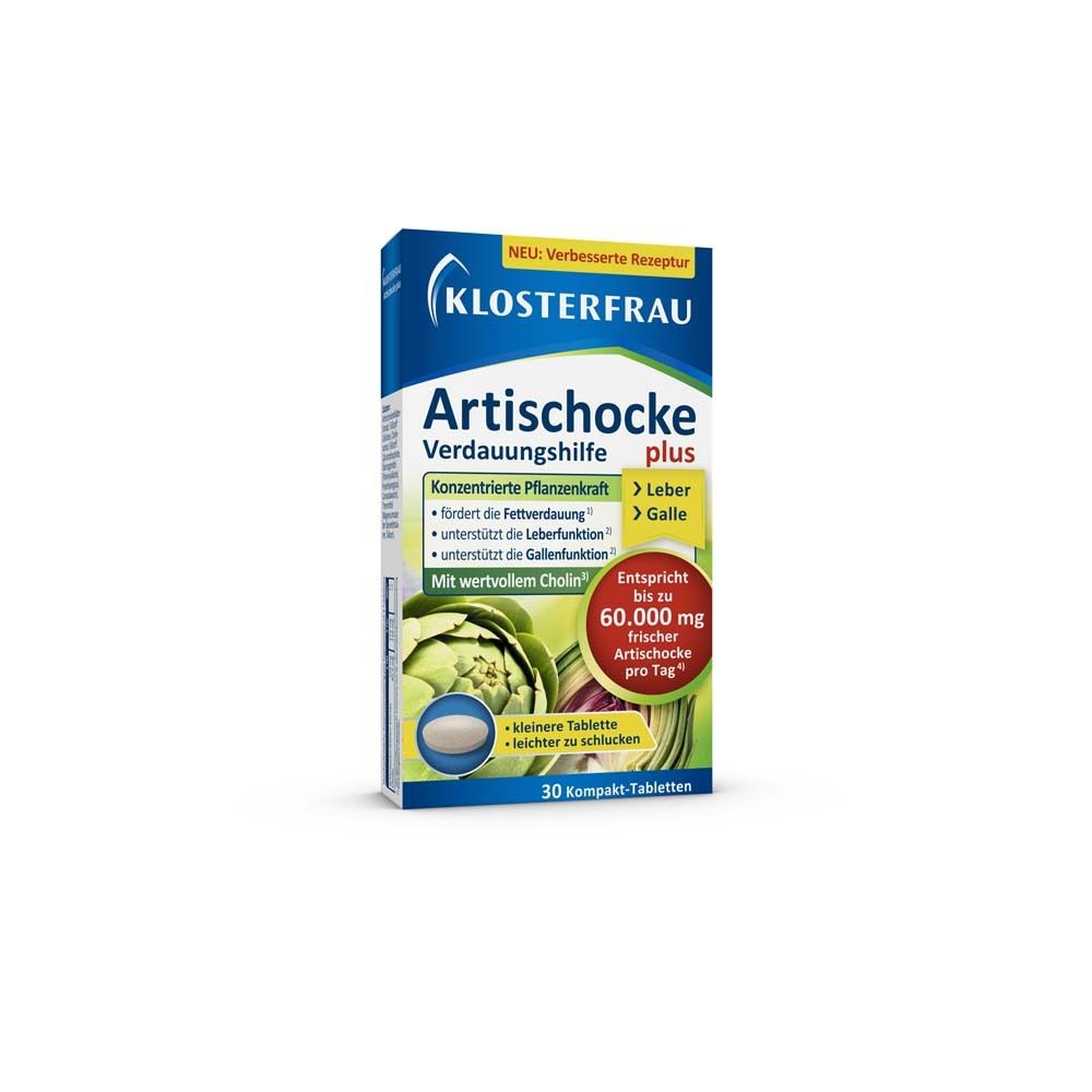 Klosterfrau Artischocke plus Packung. 30 Tabletten. Enthält Artischocke. Blaue und weiße Verpackung.