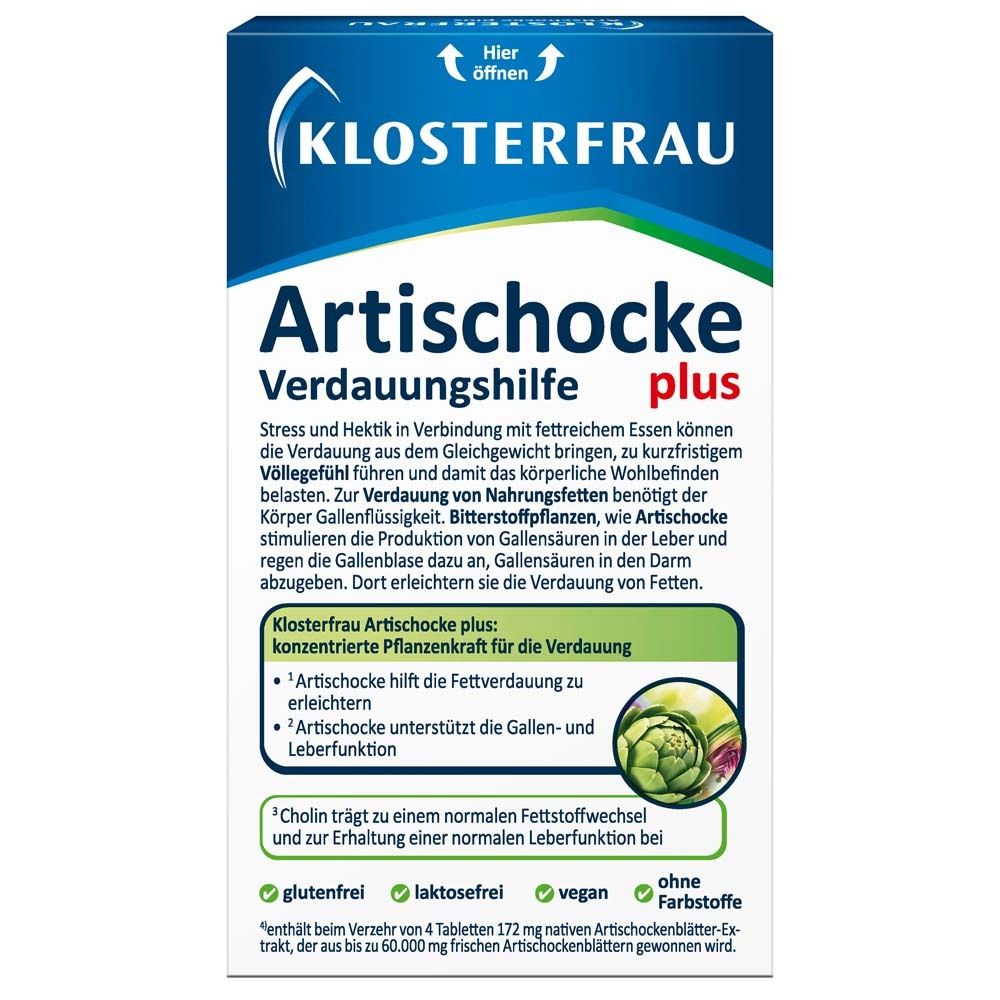 Rückseite der Klosterfrau Artischocke plus Packung. Text über Inhaltsstoffe und Vorteile. Weißer Hintergrund.