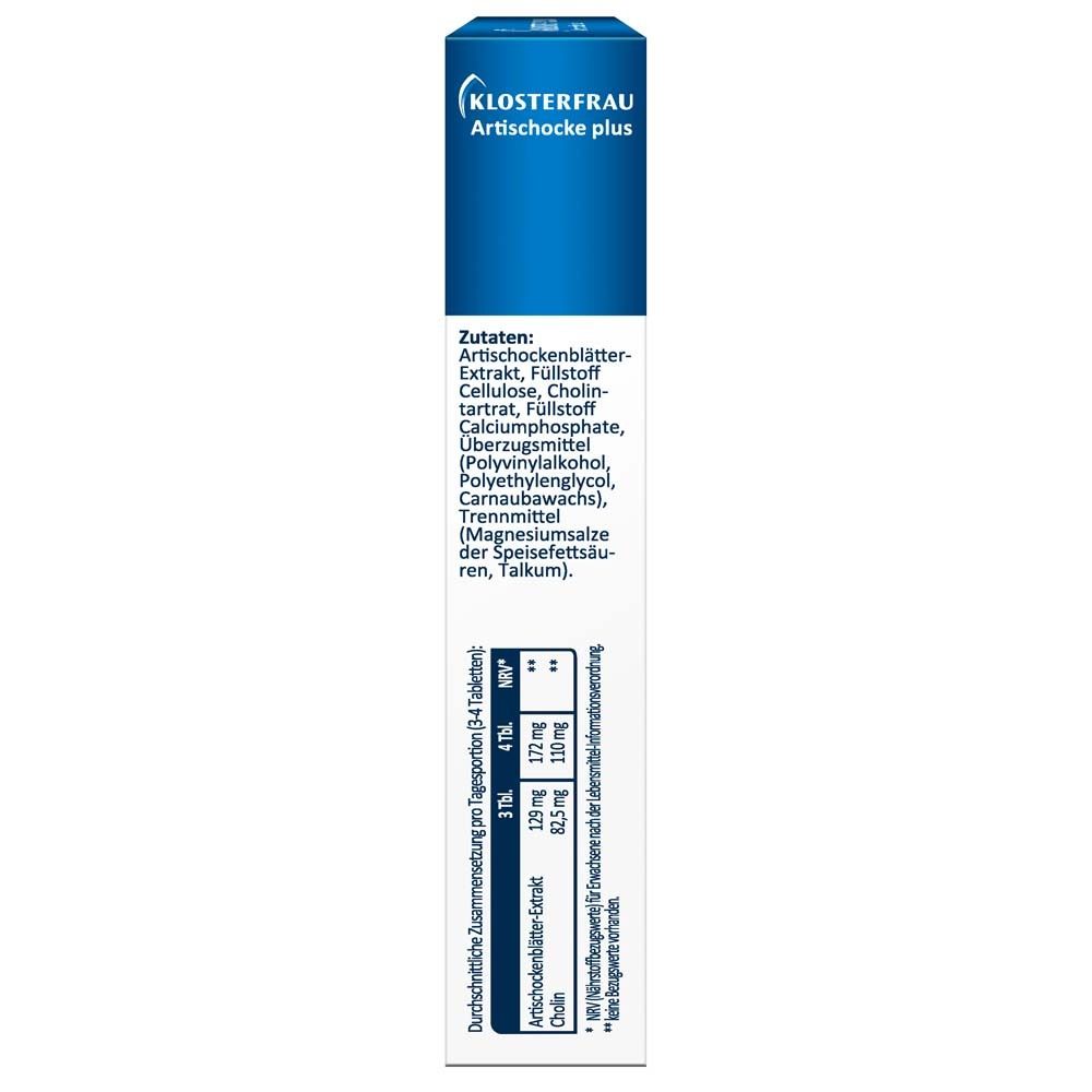 Klosterfrau Artischocke plus Packung, Seitenansicht. Enthält Zutaten und Nährwertangaben. Blaue und weiße Farben.