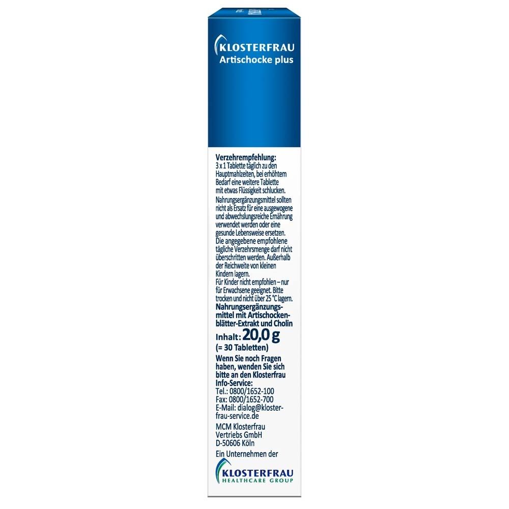 Klosterfrau Artischocke plus Packung, Seitenansicht. Dosierungshinweise und Kontaktinformationen. Blaue und weiße Farben.