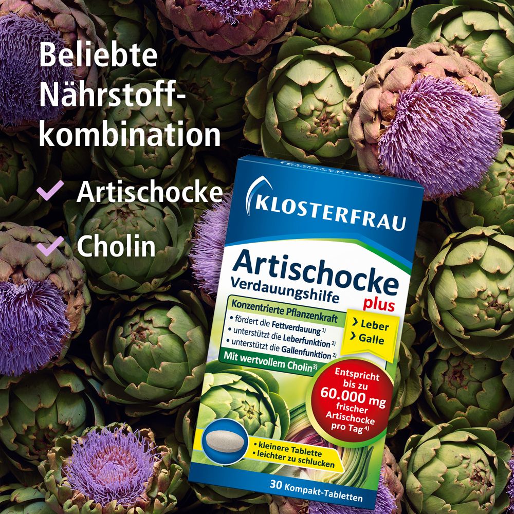 Klosterfrau Artischocke plus Packung. Artischocken-Hintergrund. Text: Beliebte Nährstoffkombination. 30 Tabletten.