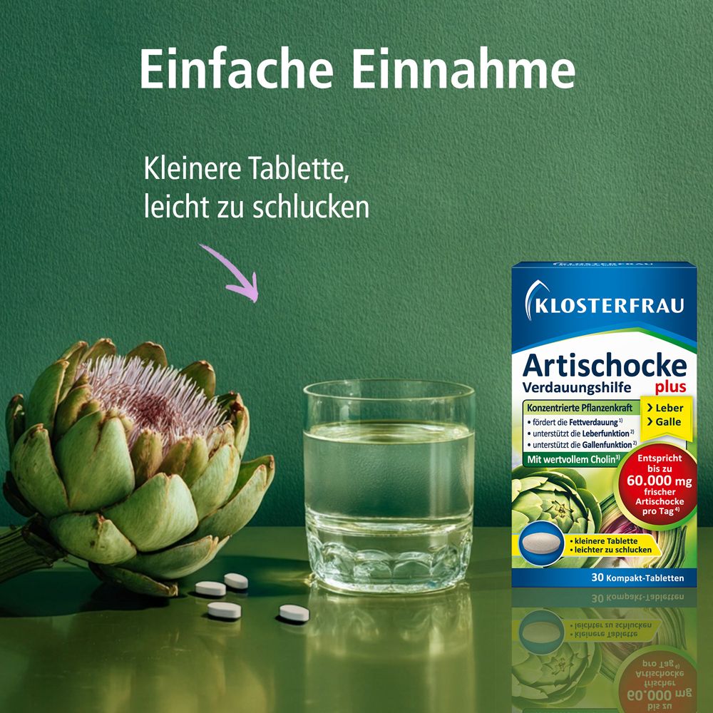 Klosterfrau Artischocke plus Packung, Glas Wasser, Tabletten und Artischocke. Text: Einfache Einnahme. 30 Tabletten.