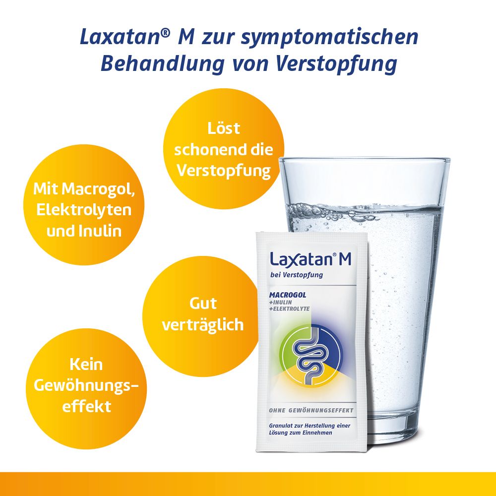 Laxatan® M-Beutel und Glas Wasser. Text: Löst schonend die Verstopfung. Mit Macrogol, Elektrolyten und Inulin. Gut verträglich.