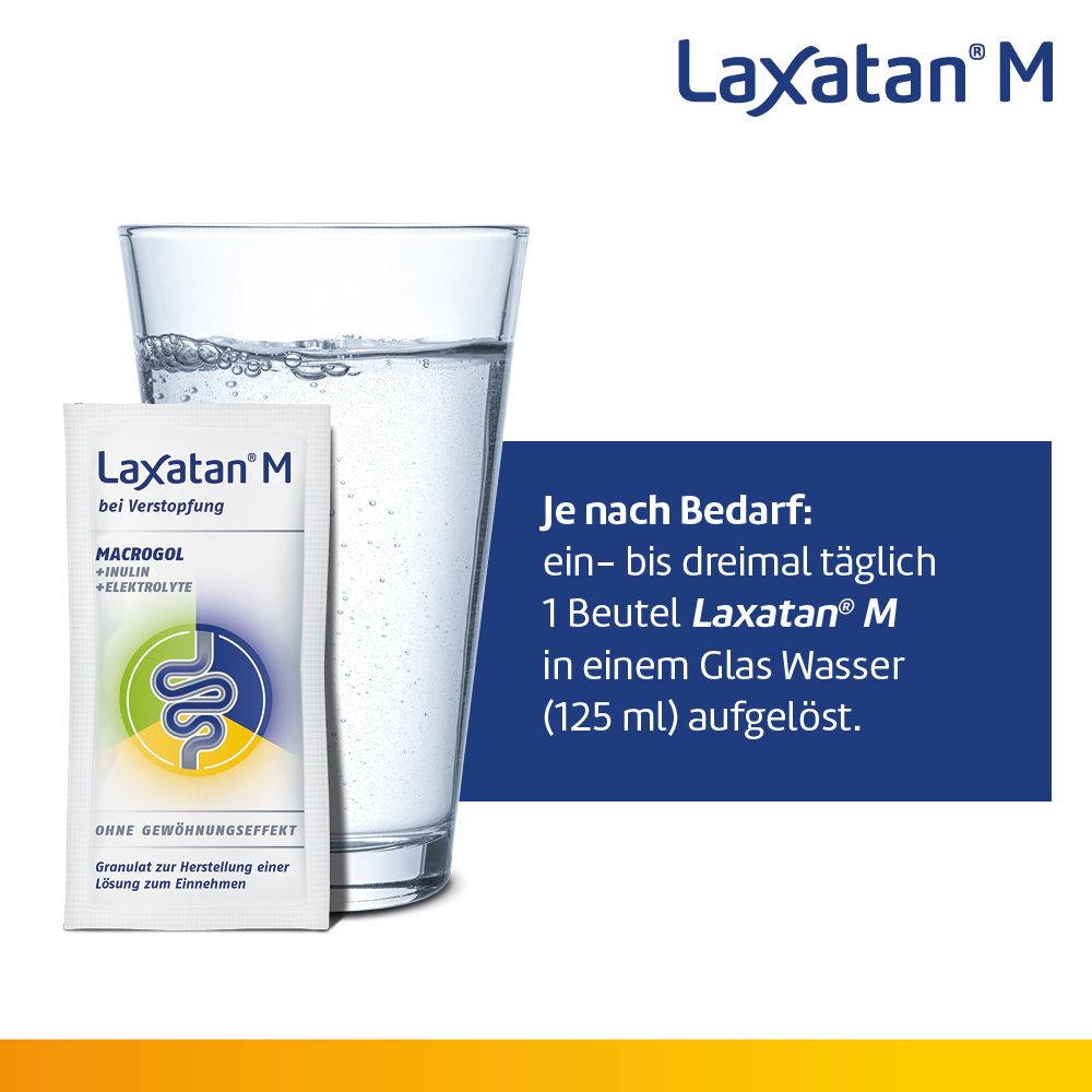 Laxatan® M-Beutel, Glas Wasser. Text: Je nach Bedarf: 1 Beutel in einem Glas Wasser (125 ml) aufgelöst.