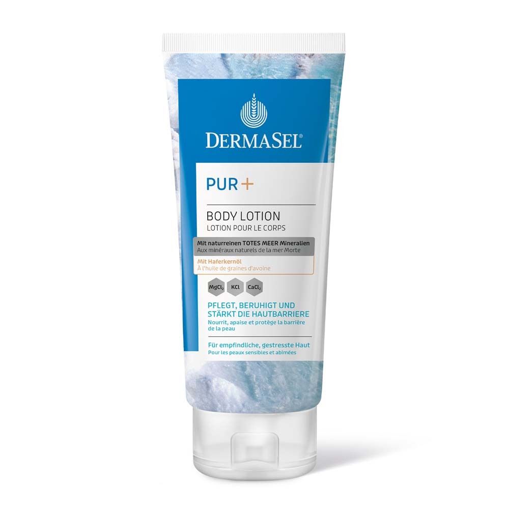 Weisse Tube mit blauer Aufschrift. Enthält Body Lotion. Marke: DermaSel® PUR+.